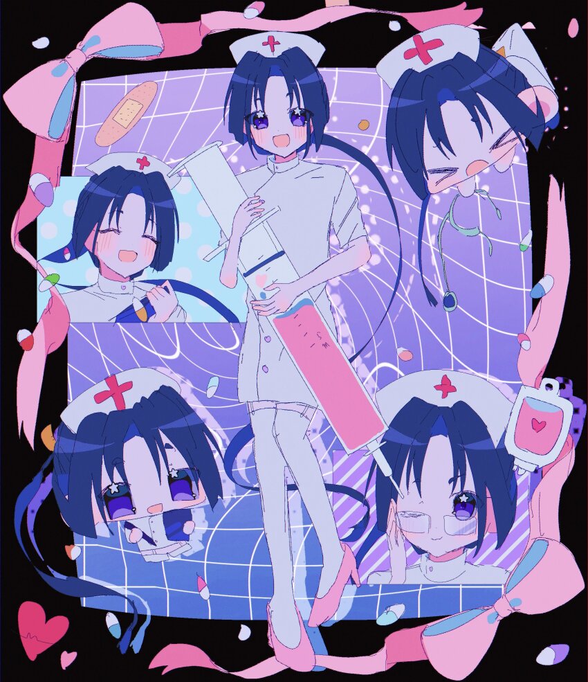 >_< +_+ :d ^_^ absurdres adjusting_eyewear bandaid bespectacled black_border blush border chibi chibi_inset clipboard closed_eyes cropped_shoulders crossdressing dress full_body glasses grid_background hamyahaya hat heart high_heels highres holding holding_clipboard holding_pen holding_stethoscope holding_syringe houjou_tokiyuki_(nige_jouzu_no_wakagimi) jaggy_lines large_syringe long_hair looking_at_viewer low-tied_long_hair nige_jouzu_no_wakagimi nurse nurse_cap one_eye_closed open_mouth oversized_object pen pill pink_ribbon pink_shoes polka_dot polka_dot_background pumps purple_background rectangular_eyewear ribbon ribbon_border shoes short_dress short_sleeves smile star_(symbol) stethoscope syringe thighhighs very_long_hair white_thighhighs