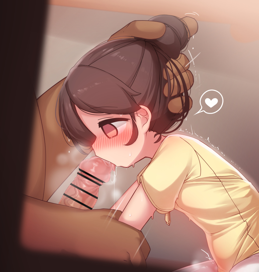 1boy 1girl absurdres age_difference bar_censor blush censored cowboy_shot dark-skinned_male dark_skin embarrassed empty_eyes fellatio from_side grabbing_another's_arm hair_bun hand_on_another's_head hetero highres indoors interracial leaning_forward leotard loli looking_at_penis looking_down mochikushi mosaic_censoring motion_lines no_pupils oral orange_eyes original pantyhose profile rape restrained scared short_hair short_sleeves single_hair_bun sitting size_difference solo_focus straight-on tongue tongue_out trembling variant_set very_dark_skin white_pantyhose yellow_leotard