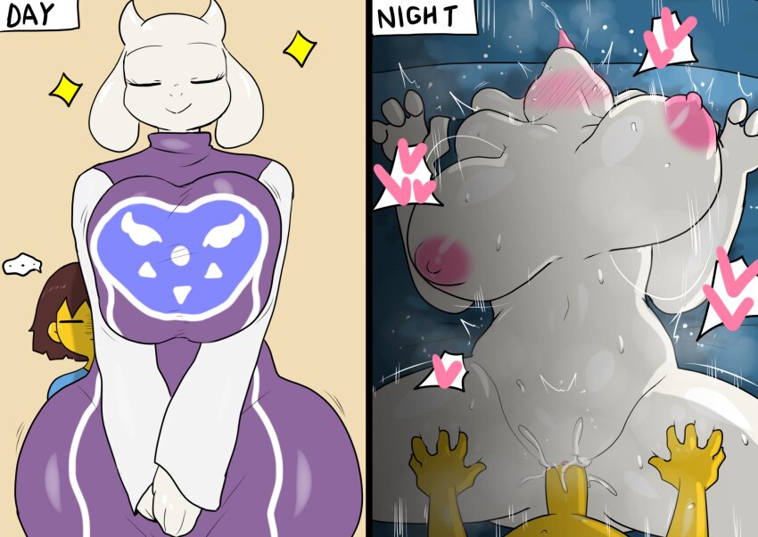 1boy 1girl age_difference enigi09 frisk_(undertale) highres nipples nude penis sex shota size_difference smile toriel undertale utdr_(toby_fox)