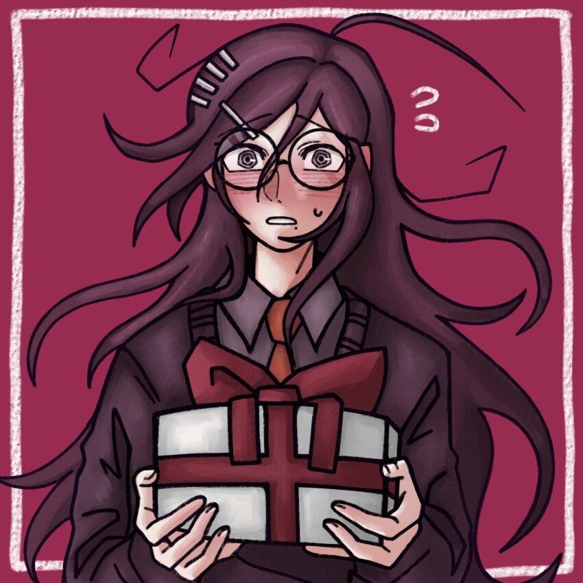1girl 2021 blush box danganronpa:_trigger_happy_havoc danganronpa_(series) danganronpa_another_episode:_ultra_despair_girls davriann female_focus fukawa_toko gift gift_box glasses long_hair solo twitter