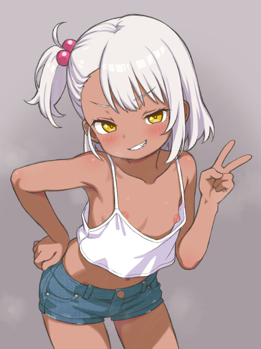 1girl ahoge bare_arms bare_shoulders blush camisole collarbone contrapposto cowboy_shot dark-skinned_female dark_skin denim denim_shorts dot_nose downblouse fang flat_chest forehead grey_background grin gyaru hair_bobbles hair_ornament hand_on_own_hip highres leaning_forward loli looking_at_viewer loose_clothes mesugaki nattocurryumeee navel nipple_slip nipples one_side_up original shorts simple_background single_sidelock smile smug solo steaming_body v white_camisole white_hair yellow_eyes
