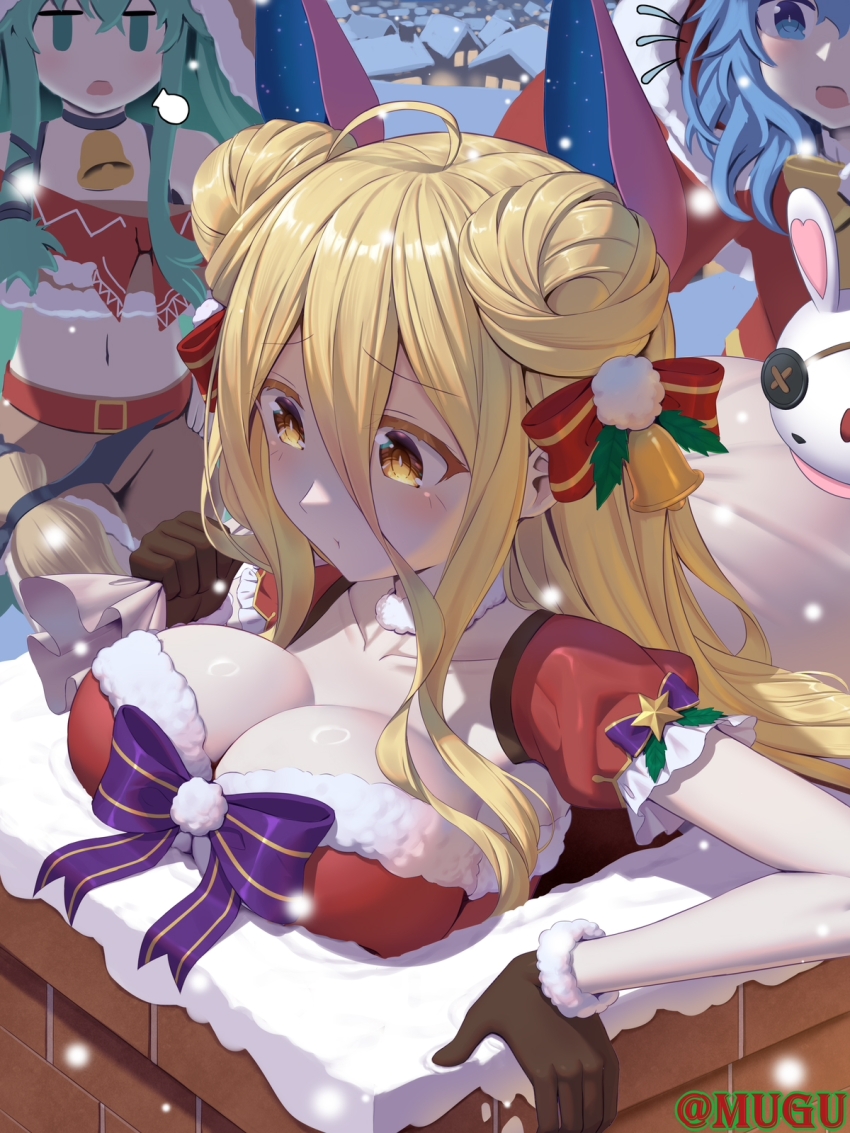1other 3girls ahoge alternate_costume bell belt blonde_hair blue_eyes blue_hair breasts brown_gloves chimney chinese_commentary christmas cleavage commentary_request cowbell date_a_live double_bun eyepatch fur-trimmed_gloves fur_trim gloves green_hair hair_between_eyes hair_bun hair_ornament highres himekawa_yoshino hoshimiya_mukuro kyouno_natsumi large_breasts long_hair multiple_girls navel neck_bell open_mouth outdoors ribbon snow stuck tsubasaki yellow_eyes yoshinon