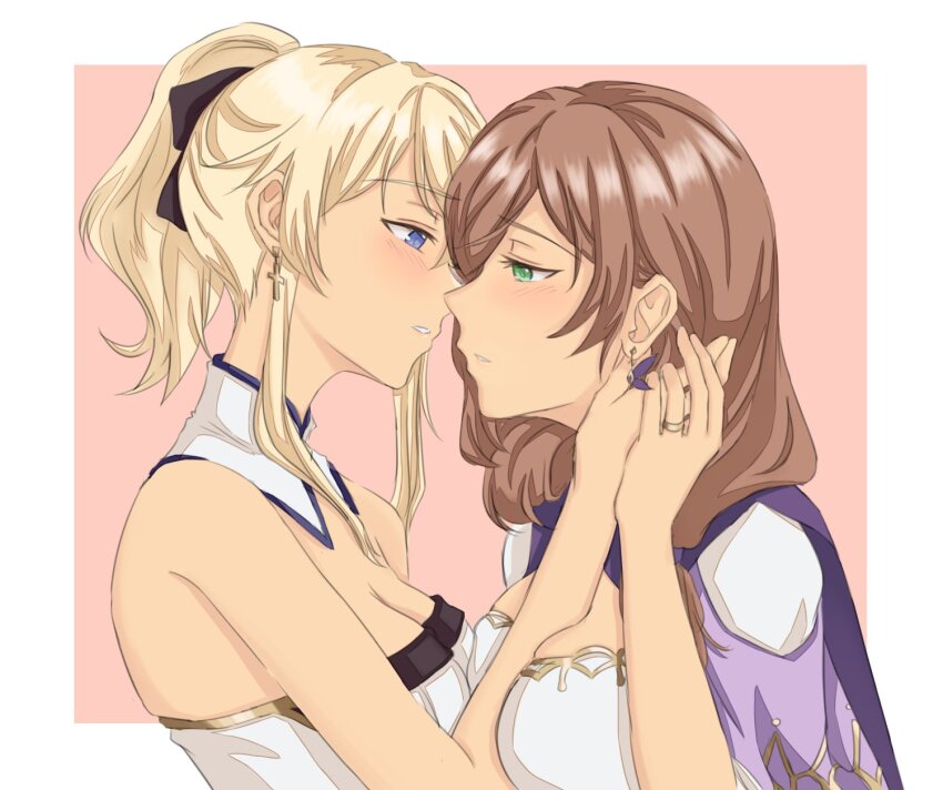 2girls bare_shoulders black_bow blonde_hair blue_eyes blush border bow breasts brown_hair butterfly_earrings cape cleavage cleavage_cutout clothing_cutout cross cross_earrings detached_collar dress earrings genshin_impact green_eyes hair_between_eyes hair_bow half-closed_eyes hand_on_another's_head hand_up hashtag-only_commentary high_ponytail highres imminent_kiss jean_(genshin_impact) jewelry large_breasts lisa_(genshin_impact) long_hair looking_at_another mandarin_collar medium_breasts medium_hair multiple_girls outside_border pink_background ponytail purple_cape sidelocks simple_background smile tank_top teeth upper_body white_border white_dress white_tank_top yurenn yuri