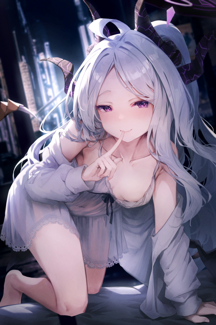 1girl absurdres ahoge alternate_costume black_halo blue_archive blush breasts closed_mouth commentary_request covered_navel demon_girl demon_horns demon_wings dress finger_to_mouth grey_dress grey_hair grey_jacket halo highres hina_(blue_archive) horns jacket long_hair looking_at_viewer magaqq123 open_clothes open_jacket purple_eyes see-through_clothes see-through_dress small_breasts smile solo wings