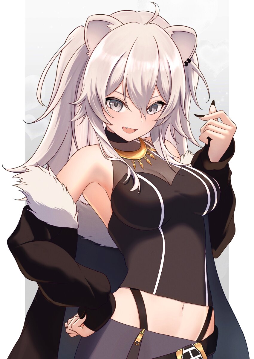 1girl absurdres ahoge animal_ear_piercing animal_ears black_jacket black_nails black_shirt black_skirt breasts cleavage commentary_request fur-trimmed_jacket fur_trim grey_eyes grey_hair hand_on_own_hip highres hololive jacket lion_ears lion_girl long_hair looking_at_viewer marishia_holo medium_breasts nail_polish navel open_mouth shirt shishiro_botan shishiro_botan_(1st_costume) skirt smile solo two_side_up very_long_hair virtual_youtuber