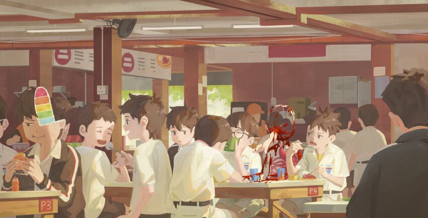 6+boys :i absurdres belt black_hair blood blood_on_body blood_on_face cafeteria cannibalism chinese_commentary commentary_request eating electric_fan feeding food fork glasses guro highres horror_(theme) illusion_cake indoors jacket mayozom multiple_boys no_eyes open_mouth original round_eyewear school_uniform see-through_body shirt shirt_tucked_in short_hair short_sleeves stomach_(organ) table white_shirt