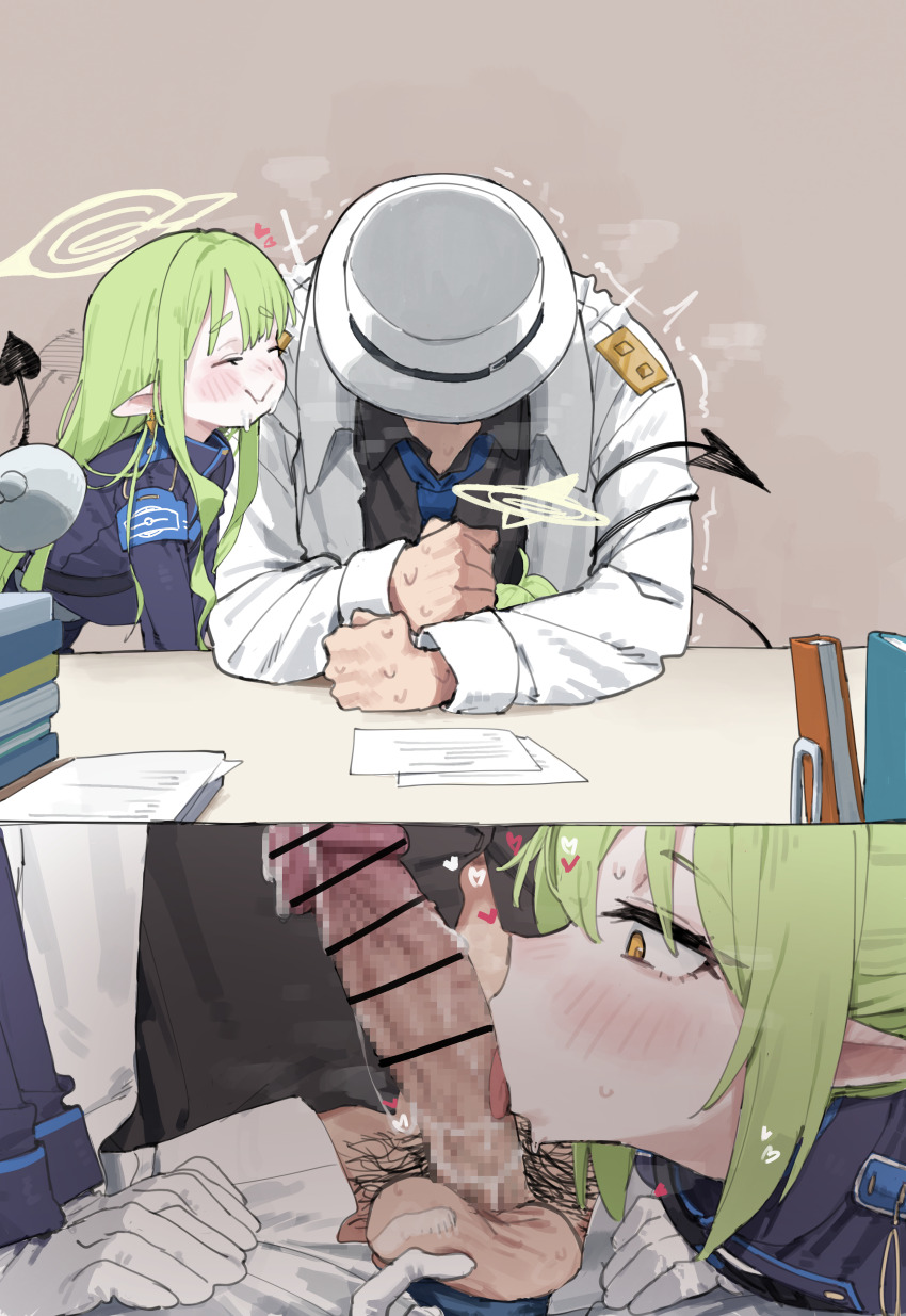 1boy 2girls absurdres arm_rest armband bar_censor black_shirt black_tail blue_archive blue_armband blue_jacket blue_necktie censored clenched_hand closed_eyes closed_mouth collared_shirt conductor cropped_jacket cum cum_on_body demon_tail erection facial facing_another facing_down fellatio ffm_threesome full_mouth green_hair green_halo grey_background group_sex halo hat highres hikari_(blue_archive) implied_after_fellatio incest indoors jacket loli long_hair lonklink mosaic_censoring multiple_girls necktie nozomi_(blue_archive) open_clothes open_jacket paper penis pubic_hair sensei_(blue_archive) shirt siblings sidelocks simple_background sisters smile stealth_fellatio stealth_sex steaming_body sweat table tail tail_around_arm testicles threesome tongue tongue_out top_hat twins twitching white_hat white_jacket