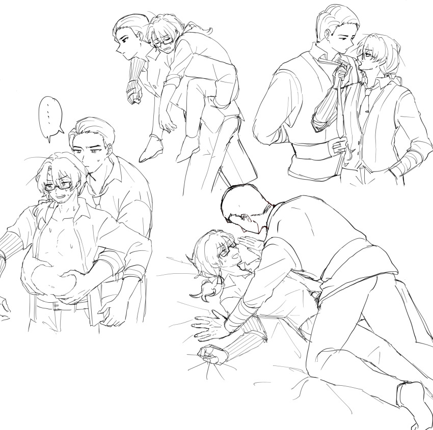 ... 2boys amputee arms_on_another's_shoulder bare_pectorals beard_stubble bed_sheet belly belly_grab belt belt_buckle black-framed_eyewear black-framed_glasses blush buckle carrying carrying_person closed_eyes closed_mouth collarbone collared_shirt dress_shirt expressionless eye_contact facial_hair glasses gregor_(project_moon) greyscale groping hair_between_eyes half-closed_eyes hand_in_pocket hands_on_another's_stomach height_difference jitome joints kikkoinu limbus_company lineart long_hair long_sleeves looking_at_another looking_down looking_to_the_side looking_up low_ponytail lying male_focus mechanical_arms meursault_(project_moon) monochrome multiple_boys multiple_views navel necktie necktie_grab necktie_pull neckwear_grab on_back open_clothes open_mouth open_shirt pants parted_bangs parted_lips pectorals photoshop_(medium) piggyback ponytail project_moon prosthesis prosthetic_arm pulling_another's_clothes sanpaku semi-rimless_eyewear sheet_grab shirt shoes short_hair sideways_glance simple_background single_mechanical_arm sketch sleeping sleeves_rolled_up smile socks speech_bubble spoken_ellipsis stubble sweat sweatdrop unbuttoned unbuttoned_shirt under-rim_eyewear undressing vest white_background yaoi