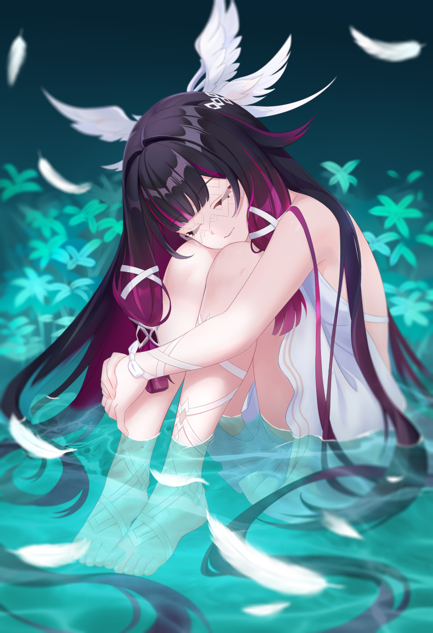 1girl absurdres bare_shoulders barefoot black_hair bow closed_eyes closed_mouth columbina_(genshin_impact) commentary_request dress eye_mask falling_feathers fangai-anmian feathers feet genshin_impact hair_ornament highres knees_up legs light_smile long_hair long_sidelocks mask multicolored_hair partially_submerged purple_hair sidelocks sitting sleeveless sleeveless_dress solo toenails toes very_long_hair white_bow white_dress wing_hair_ornament