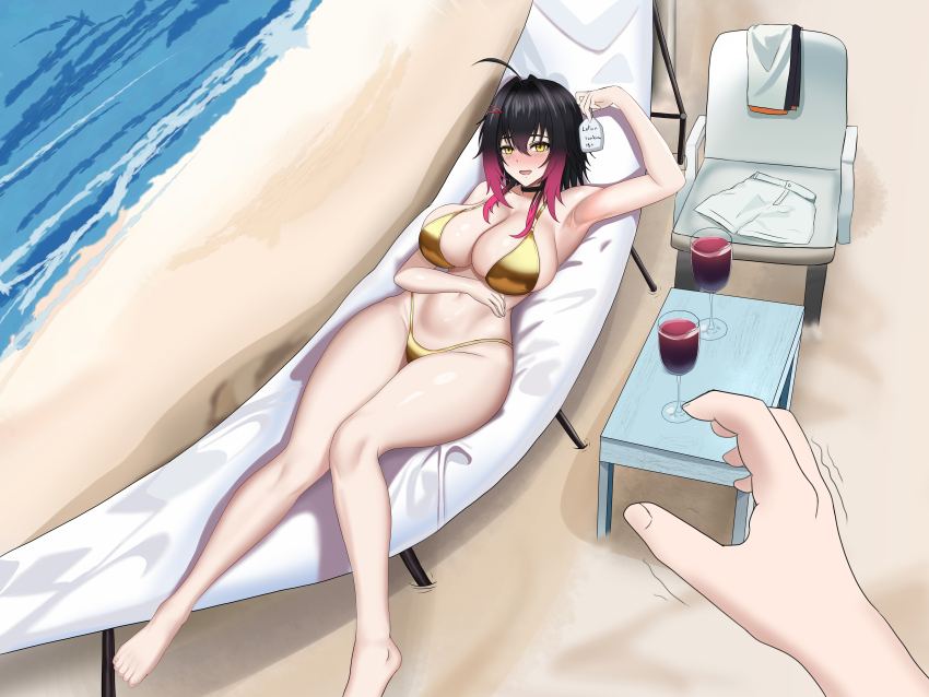 :d absurdres ahoge alcohol arm_up armpits barefoot beach beach_chair bikini black_choker black_hair bottle breasts chair choker colored_tips commentary cup day deck_chair diamond-shaped_pupils diamond_(shape) drinking_glass drunk english_commentary folding_chair genderswap genderswap_(mtf) gold_bikini gradient_hair hair_intakes hair_ornament hairclip highleg highleg_bikini highres holding holding_bottle huge_breasts lansulynn looking_at_viewer lotion_bottle lying lynn_(lansulynn) medium_hair multicolored_hair ocean on_back open_mouth original outdoors pink_hair pov pov_hands red_wine shaking shorts skindentation smile swimsuit symbol-shaped_pupils table thick_thighs thighs two-tone_hair unworn_shorts white_shorts wide_hips wine wine_glass yellow_eyes
