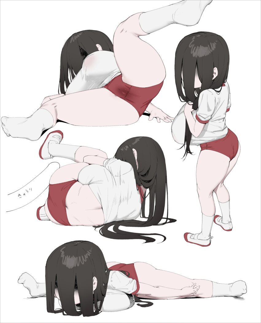 1girl absurdres black_hair breast_press breasts buruma cameltoe clothes_lift commentary_request covered_face curled_up full_body gym_shirt gym_uniform hair_over_face hand_on_ground hand_on_own_chest highres large_breasts long_hair lying multiple_views on_side on_stomach oppai_loli pussy_juice_stain red_buruma shikisokuzeku76 shirt shirt_lift shoes side_sitting_split simple_background sitting_split socks split sportswear spread_legs standing t-shirt the_ring uwabaki wet_buruma white_background white_shirt white_socks yamamura_sadako