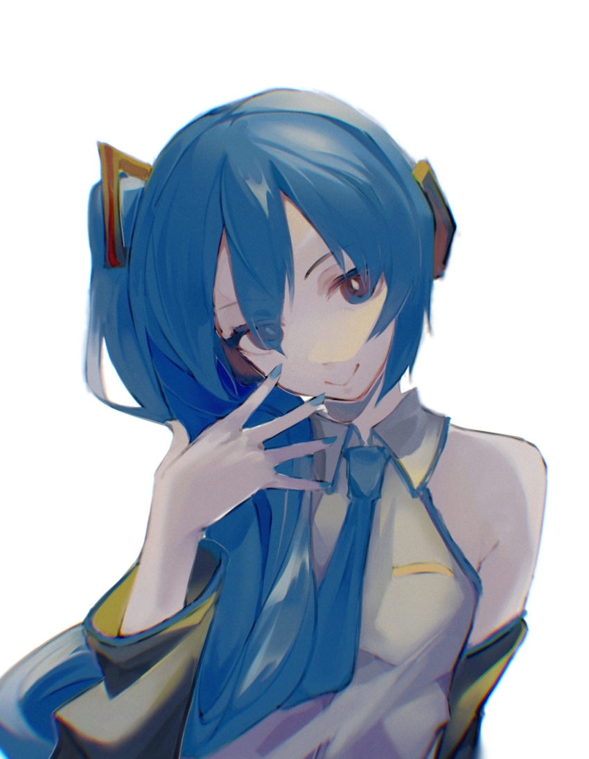 1girl bare_shoulders black_sleeves blue_eyes blue_hair blue_nails blue_necktie closed_mouth collared_shirt commentary detached_sleeves grey_shirt hair_between_eyes hair_ornament hand_up hatsune_miku hatsune_miku_(noodle_stopper) highres laari_000 meme nail_polish necktie shirt short_sleeves side_ponytail sidetail_miku_noodle_stopper_(meme) simple_background sleeveless sleeveless_shirt smile solo vocaloid white_background