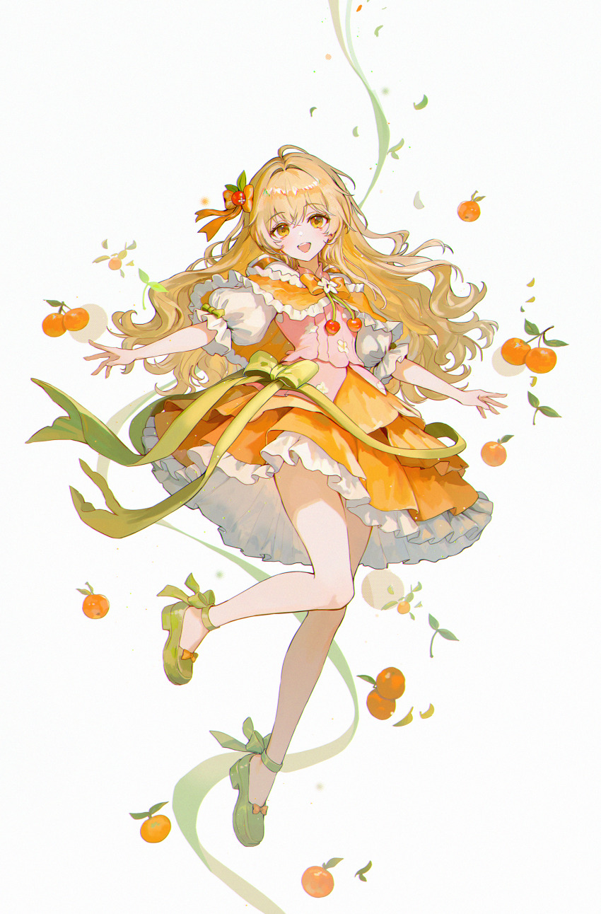 1girl absurdres ankle_ribbon bare_legs blonde_hair bow character_request commentary commission crossed_bangs dress food frilled_dress frills fruit green_bow green_ribbon green_shoes hair_between_eyes hair_bow hair_intakes highres layered_dress leg_ribbon long_hair looking_at_viewer open_mouth orange_(fruit) orange_bow orange_dress orange_eyes original pixiv_commission ribbon shoes simple_background solo wavy_hair white_background wind wind_lift yutttang