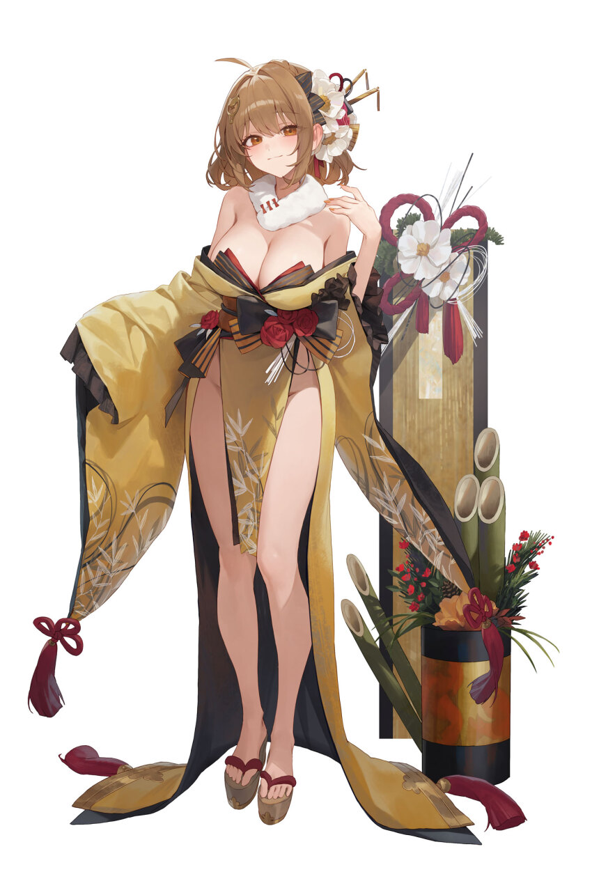 1girl ahoge anis_(nikke) bare_shoulders breasts brown_eyes brown_hair cleavage closed_mouth commentary_request fingernails flower full_body fur_collar goddess_of_victory:_nikke hair_ornament hand_up highres indoors japanese_clothes kanzashi kimono large_breasts long_sleeves medium_hair no_panties obi okobo pelvic_curtain platform_sandals print_kimono red_flower red_rose revealing_clothes rose sandals sash simple_background solo standing white_background white_flower wide_sleeves xi_xeong yellow_kimono