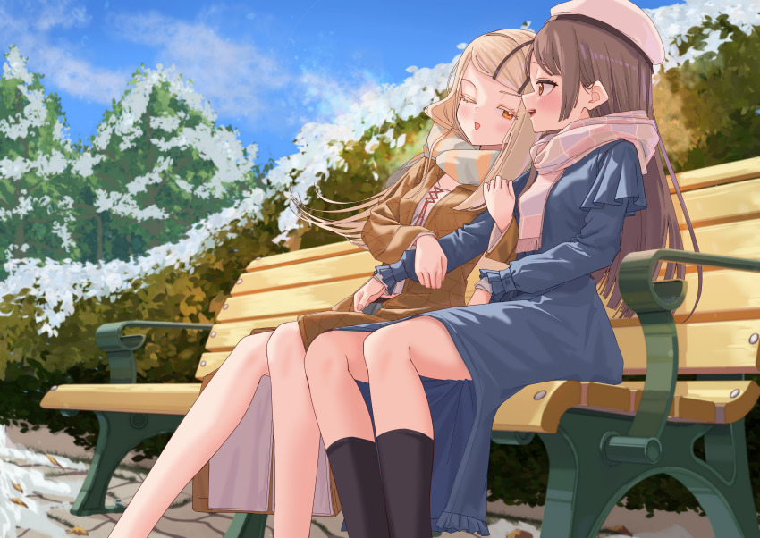 2girls absurdres arm_hug beret black_socks blonde_hair blue_dress blue_sky blunt_ends blush brown_coat brown_eyes brown_hair camisole cloud coat commentary_request dress enpera feet_out_of_frame flipped_hair from_side gakuen_idolmaster hair_ornament hairclip hat highres idolmaster kinako_mochi kuramoto_china long_hair looking_at_another multiple_girls on_bench one_eye_closed open_clothes open_coat open_mouth orange_eyes outdoors parallel_hairclips profile scarf shinosawa_hiro sitting sky snow socks swept_bangs tree white_camisole yuri