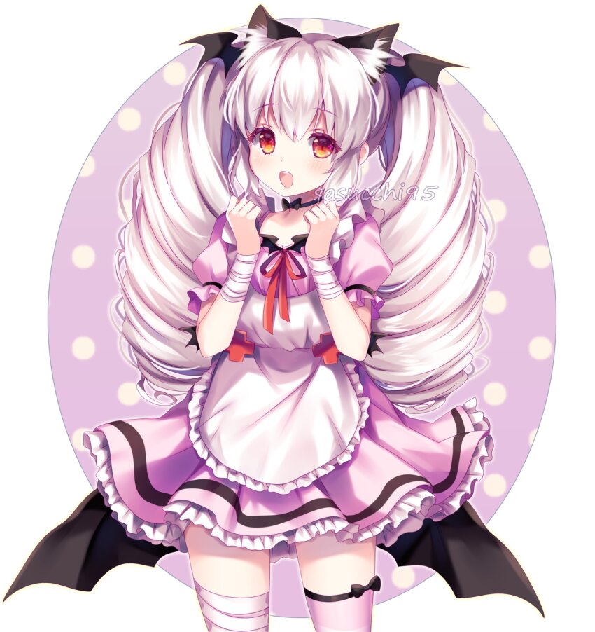1girl :d animal_ear_fluff animal_ears apron art_trade artist_name asymmetrical_legwear bandaged_leg bandaged_wrist bandages black_choker black_wings blush border bow bow_choker cat_ears choker clenched_hands commentary cowboy_shot dress drill_hair english_commentary fake_animal_ears frilled_apron frilled_sleeves frills hair_between_eyes hands_up head_wings highres long_hair looking_at_viewer low_wings neck_ribbon open_mouth original outline outside_border oval_image petticoat pink_background pink_dress pink_thighhighs polka_dot polka_dot_background puffy_short_sleeves puffy_sleeves red_eyes red_ribbon ribbon sasucchi95 short_sleeves simple_background single_horizontal_stripe single_thighhigh smile solo teeth thighhighs tongue twin_drills upper_teeth_only white_apron white_border white_hair white_outline wings