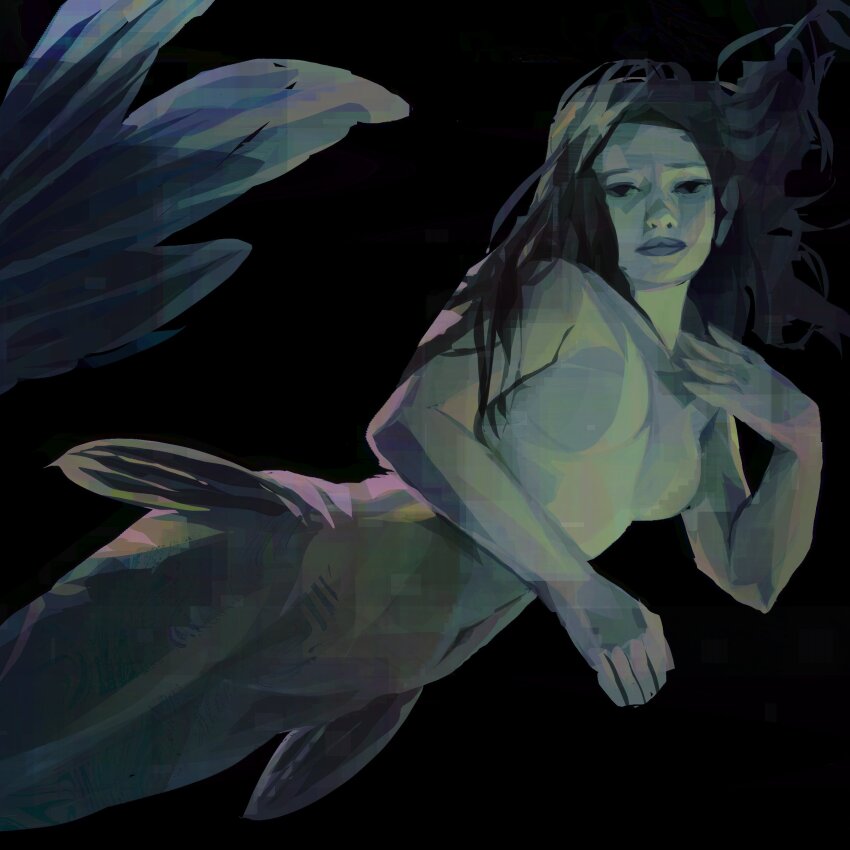 1girl absurdres black_background black_eyes black_hair colored_skin expressionless fingernails floating_hair green_skin hand_on_own_chest highres long_hair looking_at_viewer mermaid messy_hair monster_girl nude original painterly sharp_fingernails simple_background solo twulfs