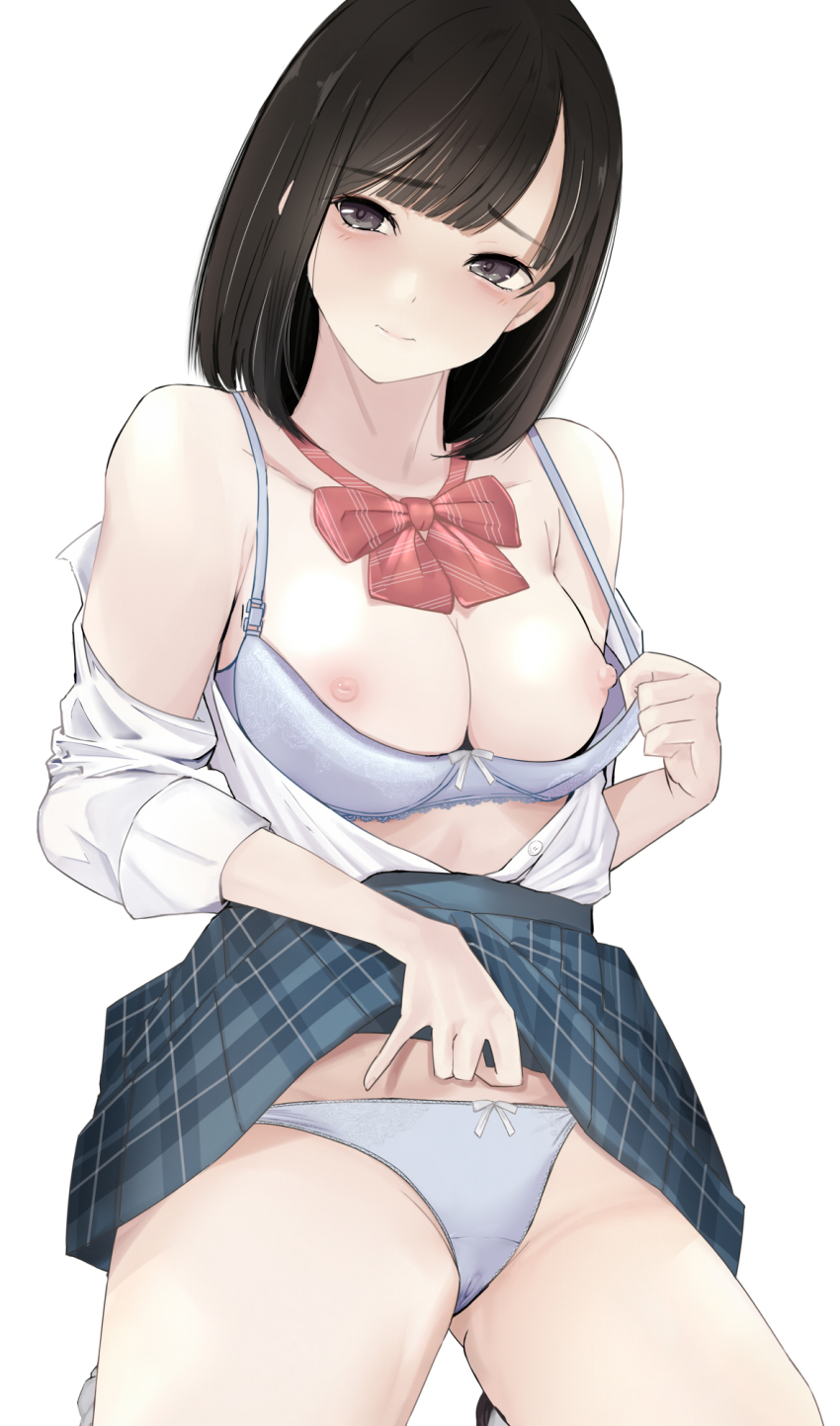 1girl blue_bra blue_panties blue_skirt bow bow_bra bow_panties bowtie bra bra_pull breasts brown_hair clothes_down clothes_lift clothes_pull collarbone commentary cowboy_shot grey_eyes head_tilt highres iwanishi kneeling lifting_own_clothes looking_at_viewer medium_breasts medium_hair nipples open_clothes open_shirt original panties plaid_clothes plaid_skirt red_bow shirt simple_background skirt skirt_lift sleeves_rolled_up solo striped_bow striped_bowtie striped_clothes swept_bangs underwear white_background white_shirt