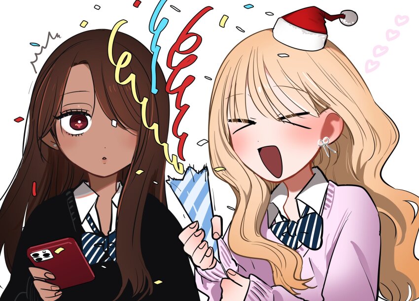 2girls black_cardigan blonde_hair blush breasts brown_hair cardigan collared_shirt commentary_request dark-skinned_female dark_skin gyaru_to_gyaru_no_yuri gyaru_v highres holding inoue_koharu long_hair looking_at_viewer multiple_girls open_mouth school_uniform shirt simple_background smile taooka_yua v watase_reina white_background yuri