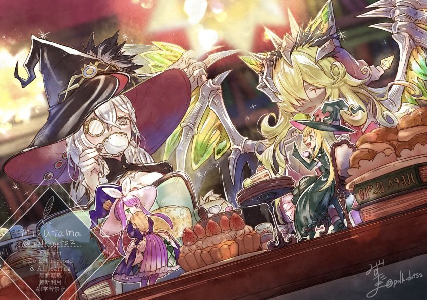 4girls cake cup diabellstar_the_black_witch duel_monster dutch_angle eating food fruit ghostrick_witch hat highres holding holding_cup madolche_magileine mementotlan_angwitch mizutama_(mizutamalion) monocle multicolored_eyes multiple_girls official_alternate_costume signature smile strawberry strawberry_shortcake sweets tagme tea_party twitter_username watermark white_hair witch_hat yu-gi-oh!