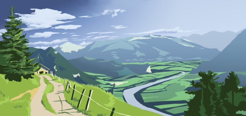 absurdres audrey_giovanni blue_sky building cloud commentary dated_commentary english_commentary highres landscape mountainous_horizon nature no_humans original outdoors river road scenery sky tree valley