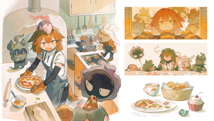 1girl absurdres annoyed arknights baking_sheet basket black_gloves bowl brick_oven cabinet chinese_commentary closed_eyes commentary_request cooking croissant crownslayer_(arknights) cup cupcake cutting_board dated dopperu_ben eating elbow_gloves food food_in_mouth frying_pan gastly gen_1_pokemon gen_3_pokemon gen_5_pokemon gen_7_pokemon gen_8_pokemon gloves highres hyena_ears hyena_girl hyena_tail indoors knife_block legendary_pokemon marshadow musharna mythical_pokemon nintendo on_head open_mouth oven oven_mitts pizza pizza_slice plate pokemon pokemon_(creature) pokemon_on_head raboot red_eyes red_hair rolling_pin shirt short_hair short_sleeves signature simple_background smile spatula spoon teacup torkoal whisk white_background white_shirt wooden_spoon zoroark