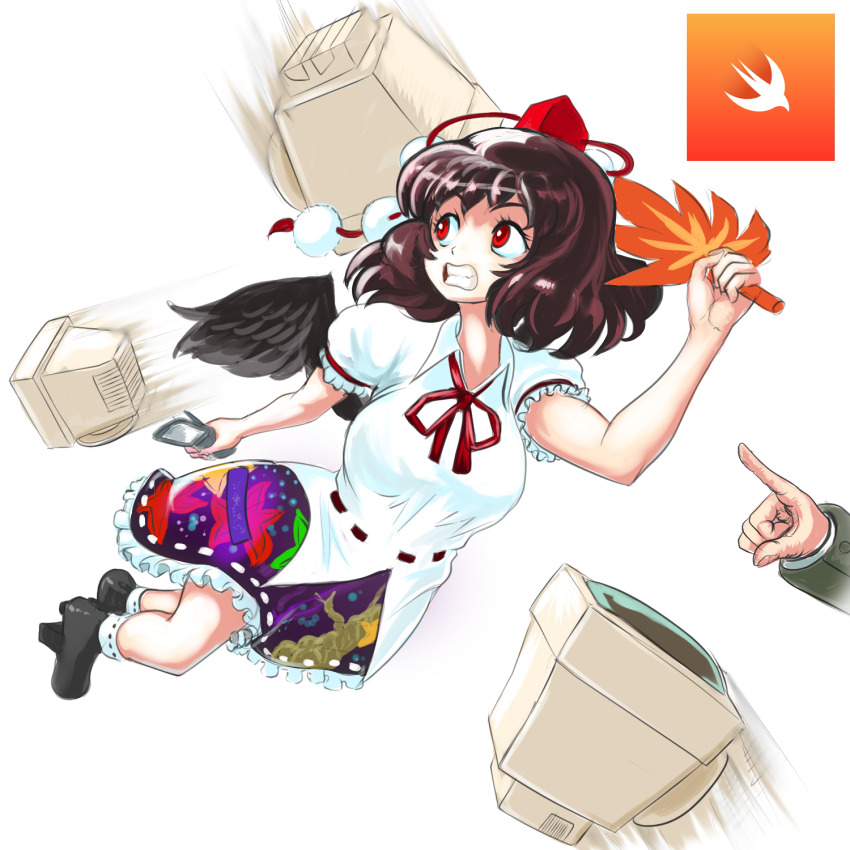 1girl black_footwear black_wings breasts brown_hair crt feathered_wings frilled_skirt frilled_sleeves frills full_body geta hat hauchiwa highres holding holding_phone medium_breasts medium_hair monitor neck_ribbon phone pointing pointing_at_another pom_pom_(clothes) print_skirt profitwalrus puffy_short_sleeves puffy_sleeves purple_skirt red_eyes red_hat red_ribbon ribbon ribbon-trimmed_shirt ribbon_trim shameimaru_aya shirt short_sleeves skirt socks solo swift_(programming_language) tengu-geta tokin_hat touhou white_shirt white_socks wings
