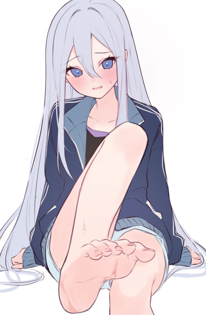 1girl absurdres arm_support bare_legs barefoot black_shirt blue_eyes blue_jacket blue_shorts blush collarbone feet foot_focus foot_out_of_frame genmai_komeko grey_hair hair_between_eyes highres jacket long_bangs long_hair long_sidelocks long_sleeves looking_at_viewer open_clothes open_jacket parted_lips presenting_foot project_sekai purple_shirt shirt short_shorts shorts sidelocks simple_background sitting sleeves_past_wrists soles solo straight_hair sweatdrop toenails toes track_jacket very_long_hair white_background yoisaki_kanade