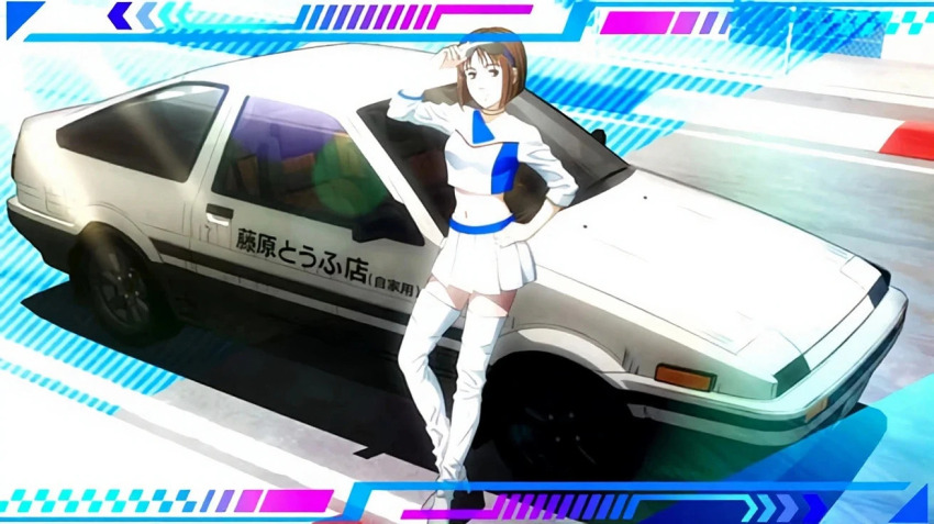 1girl ae86 alternate_costume belly blunt_bangs bob_cut breasts brown_eyes brown_hair car cosplay crop_top fujiwara_takumi's_toyota_trueno_ae86 high_boots high_heels initial_d lipstick makeup medium_breasts midriff mogi_natsuki motor_vehicle official_art race_queen race_track race_vehicle racecar racetrack shin_gekijouban_initial_d short_hair skirt sunglasses thighs toyota toyota_sprinter_trueno