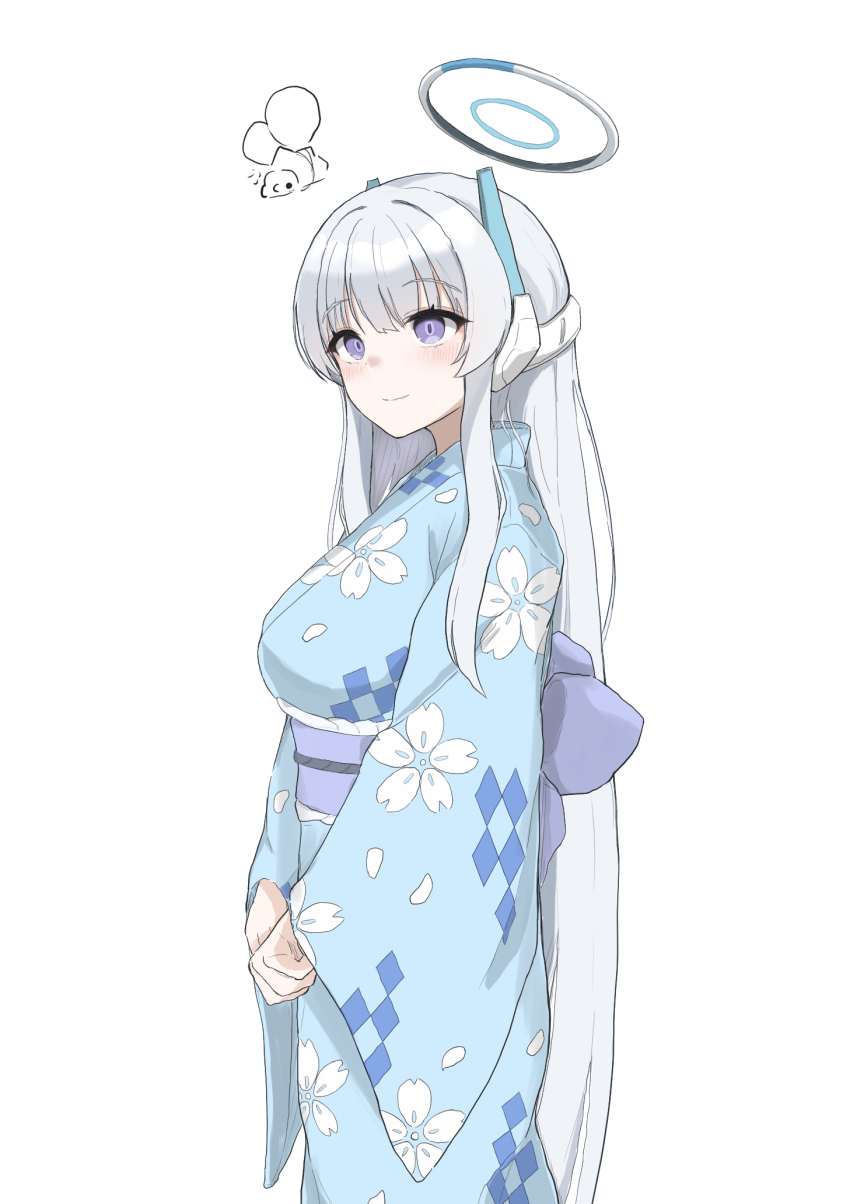 1girl artist_self-insert blue_archive blue_halo blue_kimono breasts checkered_clothes closed_mouth drawingsnom gen_8_pokemon halo headgear highres japanese_clothes kimono long_hair looking_at_viewer mechanical_halo medium_breasts nintendo noa_(blue_archive) obi obiage obijime pokemon pokemon_(creature) print_kimono purple_eyes sakuramon sash simple_background smile snom solo very_long_hair white_background white_hair wide_sleeves yukata