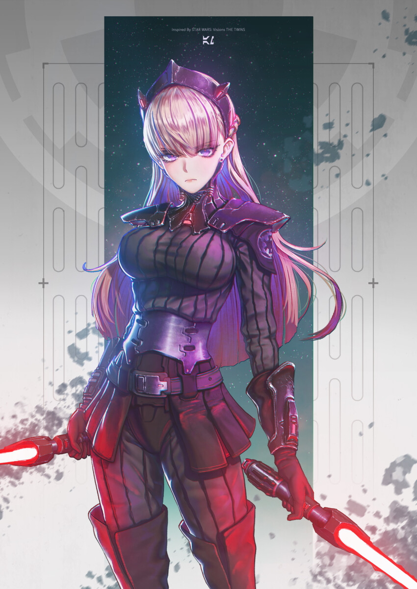 1girl absurdres am_(star_wars) armor belt black_belt black_gloves blonde_hair blunt_bangs bodysuit breasts contrapposto corset covered_erect_nipples dual_wielding earrings energy_sword english_text food-themed_earrings galactic_empire_(star_wars) gauntlets gloves highres holding jewelry large_breasts light_frown lightsaber linshangyao long_hair looking_at_viewer pauldrons pink_eyes red_pepper_earrings shoulder_armor solo star_wars star_wars:_visions stud_earrings sword tiara turtleneck weapon