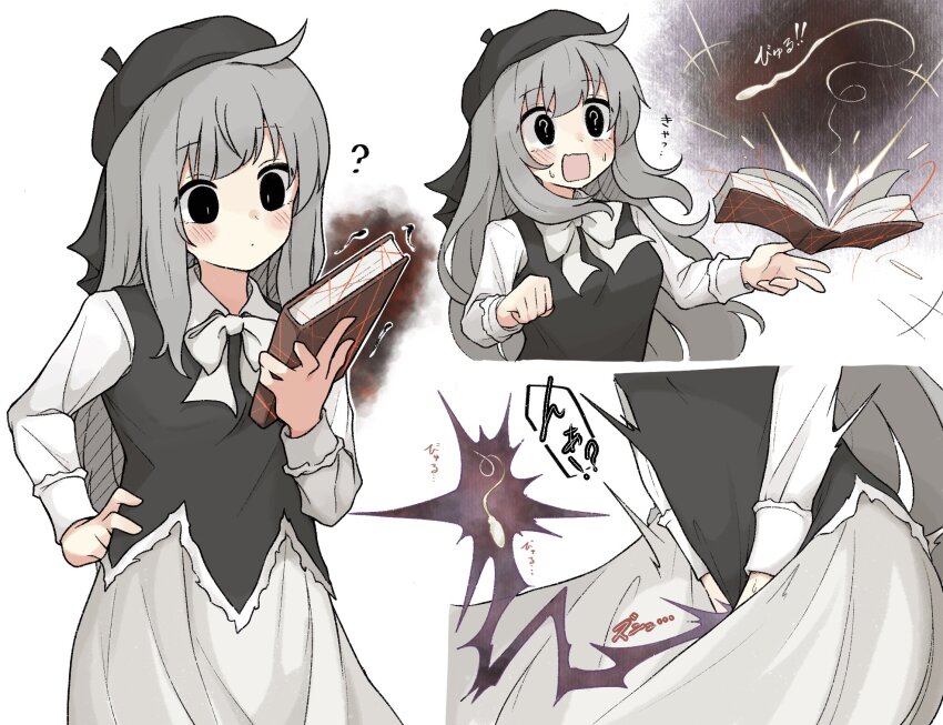 !? 1girl ? az84997592 beret black_eyes black_hat blush book bow bowtie commission creature_inside giant_sperm_cell grey_hair hand_on_own_hip hat highres holding holding_book long_hair long_sleeves open_mouth original question_mark_in_eye simple_background skeb_commission skirt solo sperm_cell string surprised symbol-shaped_pupils v_arms white_background white_bow white_bowtie white_skirt