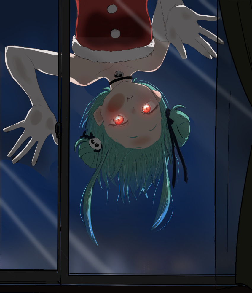 absurdres against_glass black_choker bow cheek_on_glass cheek_squash choker commentary_request curtains double_bun dress glowing glowing_eyes green_hair hair_bow hair_bun hair_ornament hair_ribbon hand_on_glass highres hololive kuronagirai looking_at_viewer night red_eyes ribbon santa_costume santa_dress short_hair skull_hair_ornament upper_body upside-down uruha_rushia virtual_youtuber window