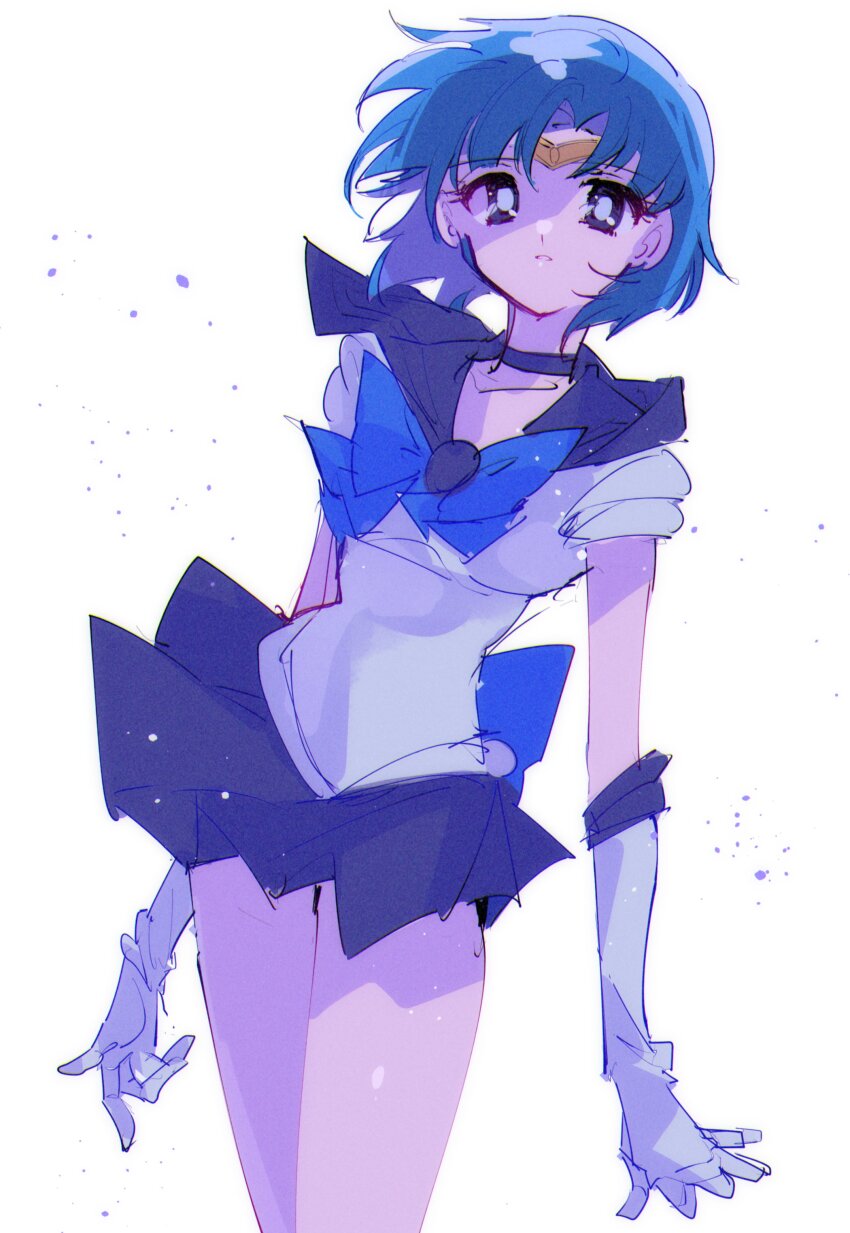 1girl absurdres bishoujo_senshi_sailor_moon blue_bow blue_bowtie blue_choker blue_hair blue_sailor_collar blue_skirt bow bowtie choker circlet gloves highres looking_at_viewer miniskirt mizuno_ami pochi_(askas_is_god) sailor_collar sailor_mercury sailor_senshi sailor_senshi_uniform short_hair simple_background skirt solo standing white_background white_gloves