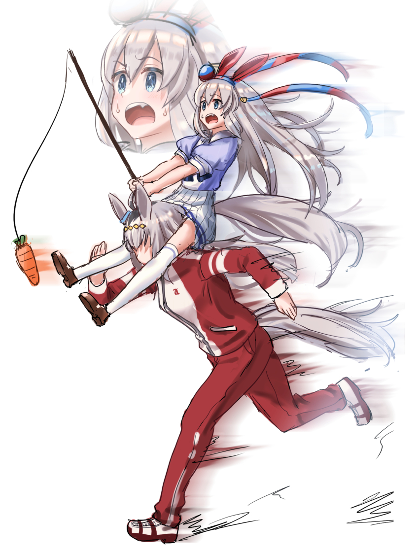 2girls absurdres ahoge animal_ears blue_eyes blue_hairband blush bow bowtie carrot carrot_on_stick commentary_request ear_covers ear_ornament fishing_rod grey_hair grey_tail hair_between_eyes hair_ornament hairband headband highres holding holding_carrot holding_fishing_rod horse_ears horse_girl horse_tail jacket long_hair multicolored_hair multicolored_hairband multiple_girls oguri_cap_(umamusume) on_shoulder ooeyama open_mouth pants pleated_skirt ponytail puffy_short_sleeves puffy_sleeves purple_bow purple_bowtie purple_shirt red_headband red_jacket red_pants red_track_suit running sailor_collar sailor_shirt school_uniform shirt shoes short_sleeves simple_background skirt socks striped_clothes striped_hairband sweat sweatdrop tail tamamo_cross_(umamusume) tracen_school_uniform tracen_training_uniform track_jacket track_pants track_suit two-tone_hairband umamusume very_long_hair white_background white_sailor_collar white_skirt white_socks