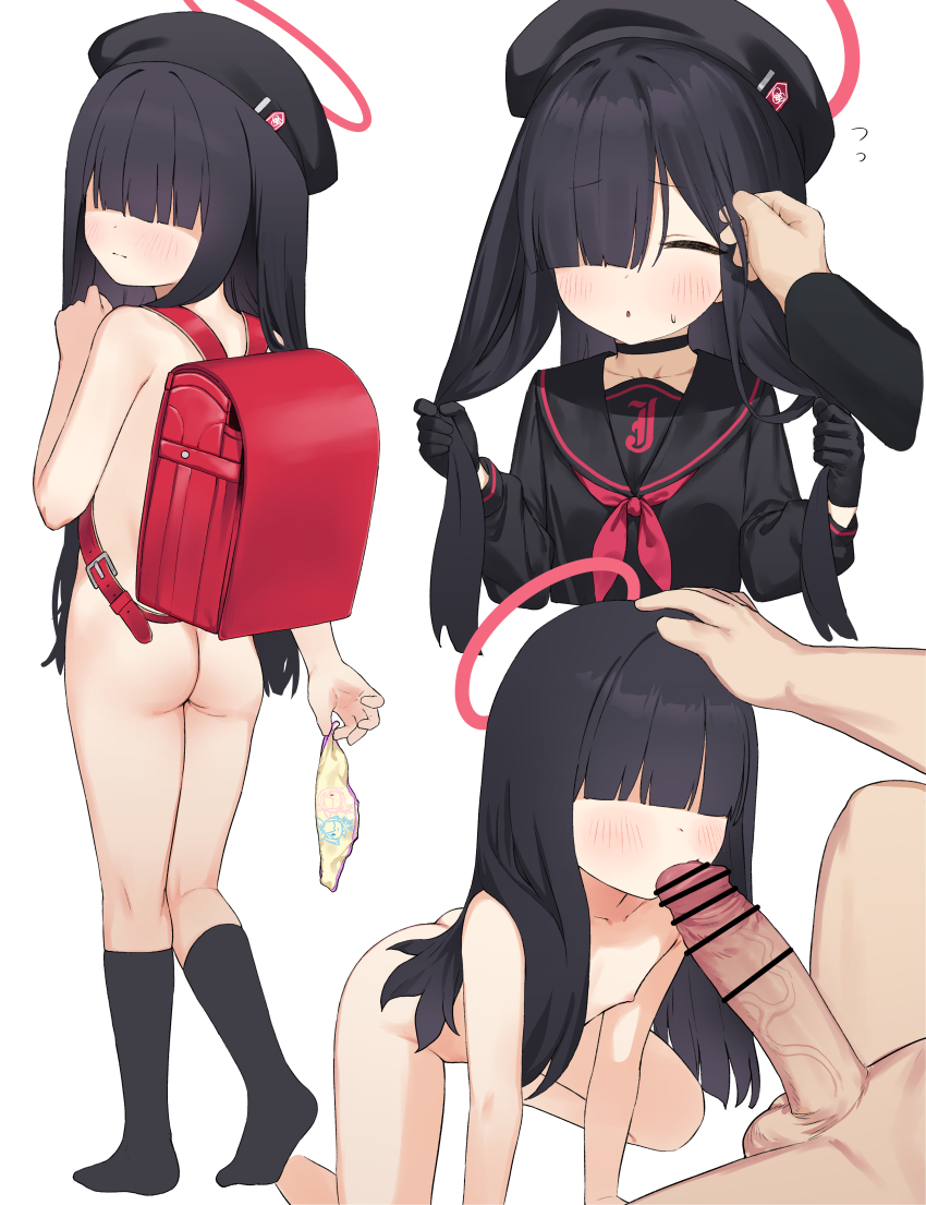 1boy 1girl aak absurdres adjusting_another's_hair ass backpack bag bar_censor beret black_gloves black_hair black_headwear black_shirt black_socks blue_archive blunt_bangs blush censored closed_eyes commentary completely_nude covered_eyes cropped_torso fellatio flat_chest full_body gloves hair_over_eyes halo hand_on_another's_head hat hetero highres holding holding_unworn_clothes holding_own_hair holding_panties holding_underwear holding_unworn_clothes justice_task_force_member_(blue_archive) kneehighs kneepits legs_together loli long_hair looking_back multiple_views nipples nude oral panties penis pov pov_hands randoseru red_bag red_halo school_uniform serafuku shirt socks spread_legs straight_hair testicles underwear veins veiny_penis very_long_hair