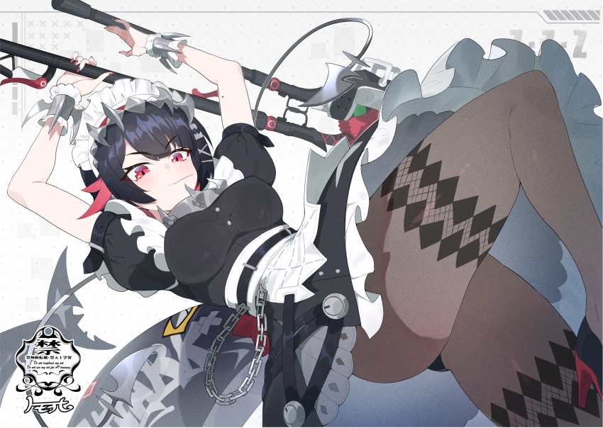 1girl arms_up black_hair blush breasts brown_pantyhose colored_inner_hair commentary_request dotted_background ellen_joe fins fish_tail frilled_wristband from_below grey_background hairband highres holding holding_weapon large_breasts leg_up lollipop_in_mouth looking_down maid_headdress matsumoto_tomoyohi metal_hairband mole mole_on_arm mole_under_eye multicolored_hair pantyhose razor_blade_hair_ornament red_eyes red_nails scar scar_on_tail shark_girl shark_tail short_hair solo spiked_headband tail v-shaped_eyebrows weapon zenless_zone_zero