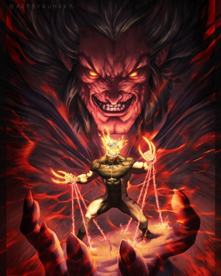 2boys black_hair bodysuit brown_bodysuit chained_wrists claws colored_skin comic_cover commentary covered_abs daken demon_boy english_commentary evil_grin evil_smile fingernails fire flaming_skull giant giant_male glowing glowing_eyes grin hellverine highres kunkka looking_at_another looking_down male_focus marvel mephisto_(marvel) multicolored_bodysuit multiple_boys muscular muscular_male no_pupils official_art pointy_ears red_skin sharp_fingernails size_difference skull smile superhero_costume wolverine_(x-men) x-men yellow_bodysuit