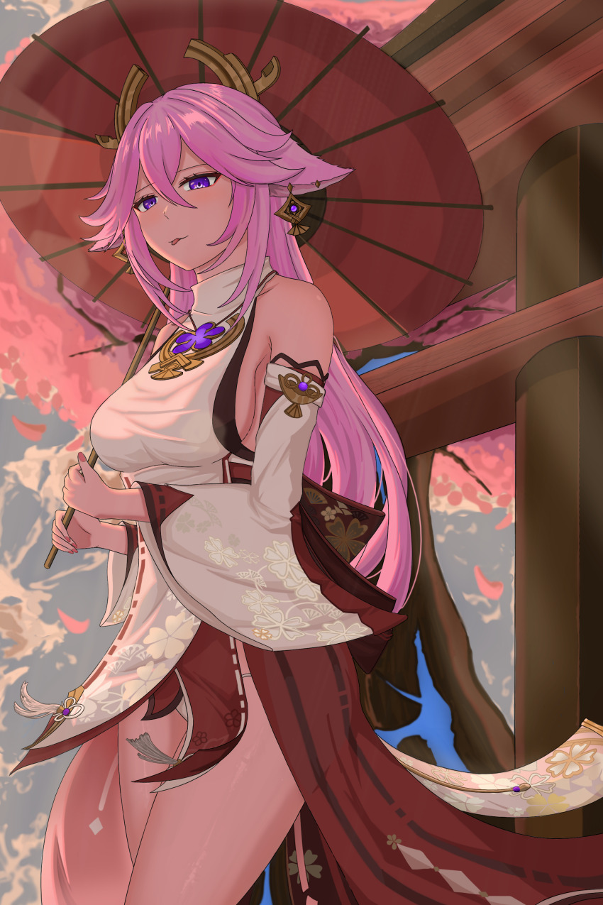 1girl absurdres artist_name breasts cherry_blossoms cloud cloudy_sky genshin_impact highres hoyofair japanese_clothes kimono lightsong non-web_source panties pink_hair purple_eyes sideboob sky smirk tongue tongue_out umbrella underwear white_panties yae_miko