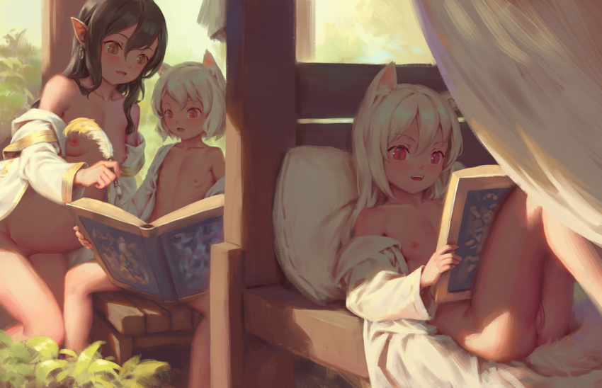 3girls animal_ears bed bigrbear black_hair book breasts highres holding holding_book loli long_hair lying medium_breasts multiple_girls nipples on_back on_bed original pillow red_eyes short_hair sitting small_breasts uncensored white_hair