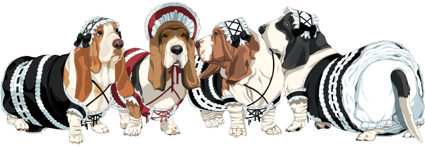 accurate_lolita_coord animal animal_focus armband basset_hound black_armband black_dress black_eyes black_fur black_ribbon bloomers bonnet brown_fur claws clothed_animal dewlap dog dress floppy_ears frilled_bonnet frilled_dress frilled_hairband frills from_behind gothic_lolita hairband highres lolita_fashion lolita_hairband looking_to_the_side multicolored_fur multiple_dogs no_humans original profile red_bonnet ribbon shaded_face simple_background spotted_fur sweet_lolita underwear ushimooshi white_background white_fur white_hairband