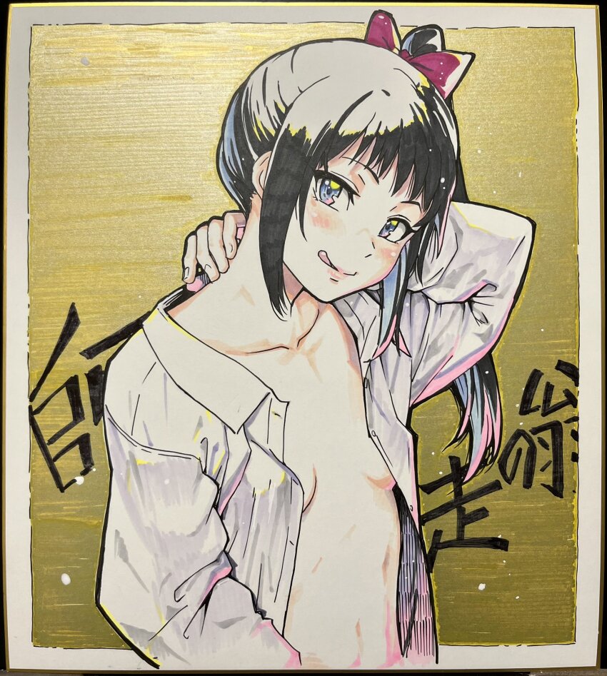1girl black_hair blue_eyes breasts colorized commentary_request highres long_hair miyanagi_sena open_clothes open_shirt original peace_hame peace_hame shikishi shirt shiwasu_no_okina side_ponytail signed small_breasts solo tagme tongue tongue_out traditional_media white_shirt