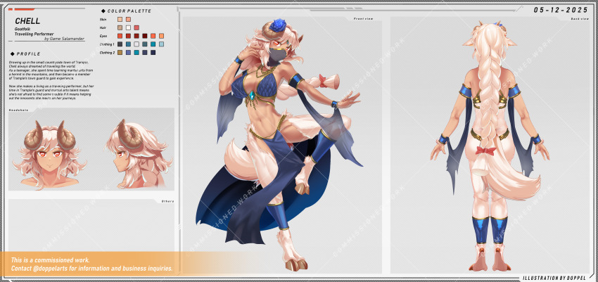 1girl a-pose absurdres ass belly_dancing braid braided_ponytail breasts character_profile closed_mouth color_guide commentary commission dancer dark-skinned_female dark_skin dated doppel_(cursed_atelier) english_commentary english_text from_behind from_side full_body furry furry_female goat_girl goat_horns goat_tail harem_outfit highres hooves horizontal_pupils horns large_breasts long_hair looking_at_viewer multiple_views original profile red_eyes reference_sheet smile standing standing_on_one_leg tail very_long_hair white_hair