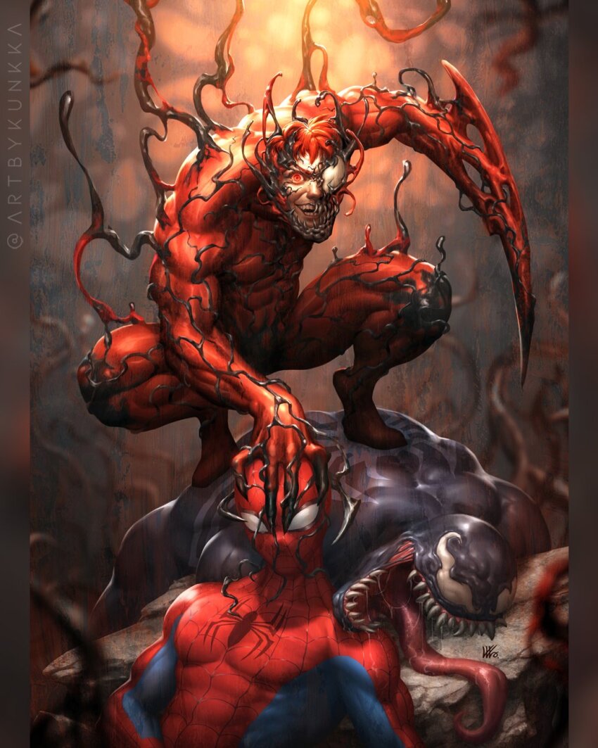 3boys bodysuit carnage_(marvel) comic_cover commentary covered_abs english_commentary glowing glowing_eye grabbing_another's_head grin highres implied_after_fight kunkka looking_at_viewer male_focus marvel monster_boy multiple_boys muscular muscular_male official_art open_mouth red_eyes saliva saliva_trail sharp_teeth sitting sitting_on_person slime_boy smile spider-man spider-man_(series) spider_web_print squatting superhero_costume symbiote teeth tongue tongue_out twitter_username venom_(marvel)