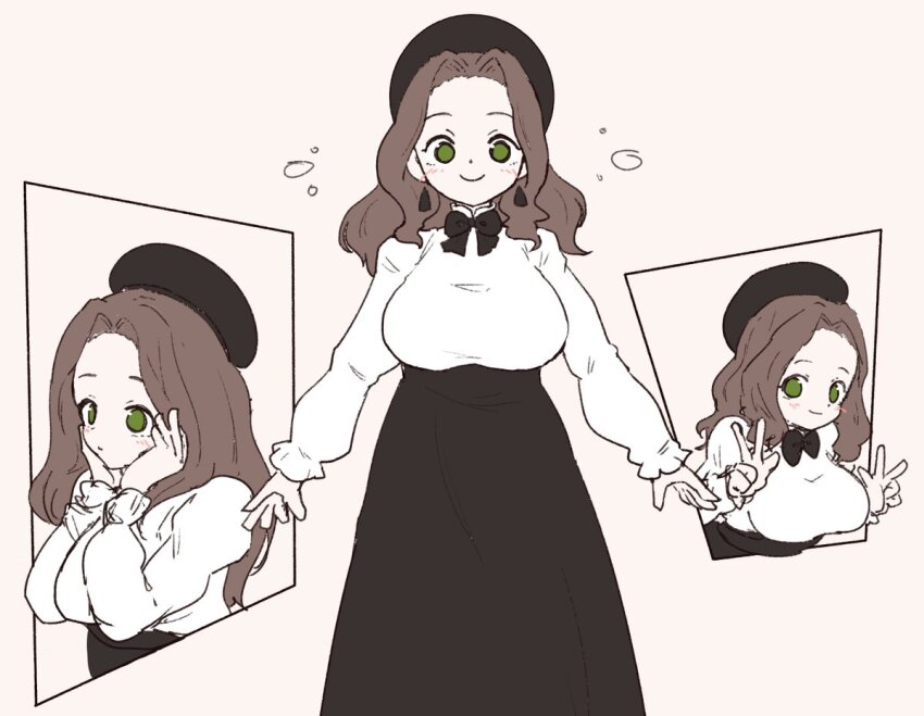 1girl beret black_bow black_bowtie black_hat black_skirt blush bow bowtie breasts brown_hair closed_mouth double_w forehead green_eyes hands_on_own_cheeks hands_on_own_face hat high-waist_skirt large_breasts long_hair long_sleeves looking_at_viewer multiple_views olto_rondo original pink_background shirt skirt smile tareme w white_shirt