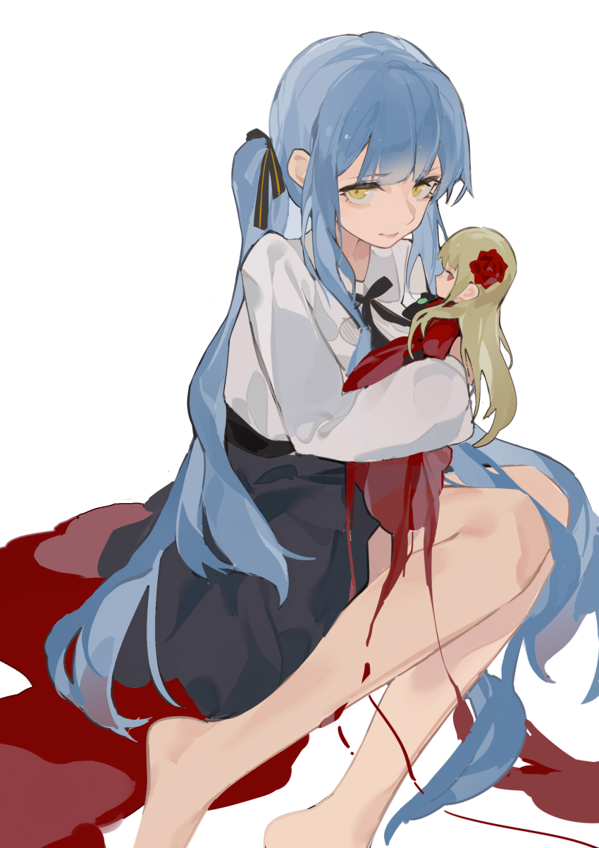 1girl absurdres bang_dream! bang_dream!_it's_mygo!!!!! bare_legs barefoot black_ribbon black_skirt blonde_hair blue_hair closed_mouth collared_shirt commentary_request doll dress feet_out_of_frame flower furrowed_brow hair_flower hair_ornament hair_ribbon high-waist_skirt highres hugging_doll hugging_object knees_together_feet_apart light_frown long_dress long_hair long_sleeves looking_at_viewer miniskirt neck_ribbon one_side_up origami42169025 profile puffy_long_sleeves puffy_sleeves red_dress red_eyes ribbon shirt sidelocks simple_background sitting skirt solo togawa_sakiko togawa_sakiko's_doll very_long_hair white_background white_shirt wing_collar yellow_eyes