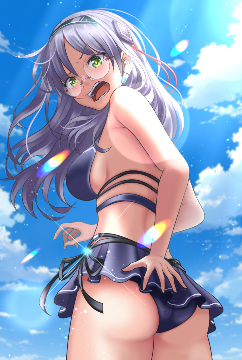 1girl absurdres angry ass backlighting bikini black_bikini blue_sky breasts cloud commentary cowboy_shot day eyelashes eyes_visible_through_hair floating_hair frilled_bikini frills from_behind glasses green_eyes grey_hair hair_between_eyes hair_ribbon hand_on_own_arm heaven_burns_red highres izumi_yuki_(heaven_burns_red) kepekki_kanojo large_breasts long_hair looking_at_viewer looking_back open_mouth outdoors red_ribbon ribbon round_eyewear sky solo sunlight swimsuit teeth v-shaped_eyebrows