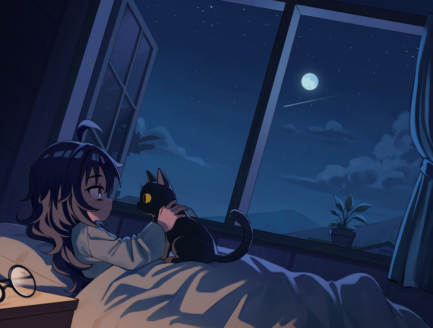 1girl absurdres ahoge black_cat black_hair cat child cloud commentary dark english_commentary full_moon highres indoors long_hair luxuriou_s lying moon night open_window original pajamas plant potted_plant shooting_star sky star_(sky) starry_sky under_covers unworn_eyewear window