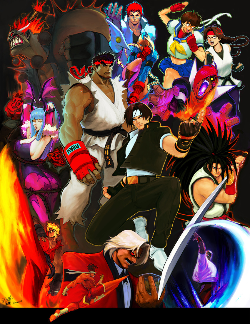 4girls 6+boys akuma_(street_fighter) animal_print bat_print bat_wings black_hair blonde_hair blue_sailor_collar breasts brown_hair cammy_white capcom capcom_vs._snk_2 company_connection crossover dark_skin darkstalkers dougi facial_hair fatal_fury fighting_stance fingerless_gloves fire flower gakuran geese_howard gloves haoumaru head_wings headband highres joe_higashi justice_gakuen kagami_kyosuke kasugano_sakura ken_masters kicking kusanagi_kyou large_breasts leotard long_hair martial_arts_belt morrigan_aensland multiple_boys multiple_crossover multiple_girls muscular pantyhose plant print_pantyhose pyrokinesis rose rugal_bernstein ryu_(street_fighter) ryuuko_no_ken sailor_collar samurai_spirits school_uniform serafuku short_hair snk steven_mack street_fighter sword the_king_of_fighters weapon wings yagami_iori yuri_sakazaki