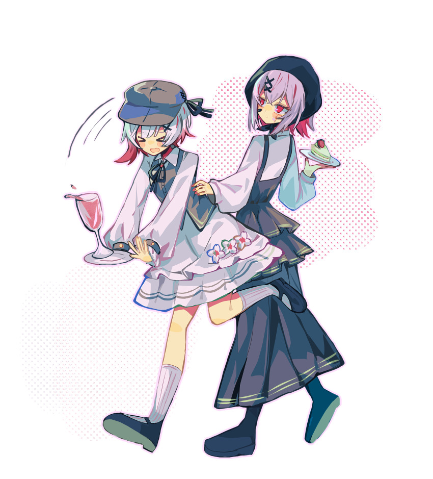 2girls absurdres black_shoes black_skirt brown_hat cocktail_glass colored_inner_hair cup drinking_glass dropping full_body grey_hair hair_ornament hand_up hat headscarf highres holding holding_plate long_skirt long_sleeves mahou_shoujo_no_majo_saiban multicolored_hair multiple_girls official_alternate_costume open_mouth pink_hair plate pleated_skirt red_eyes sakuraba_ema shirt shito_alisa shoes short_hair skirt socks standing standing_on_one_leg sweatdrop treasure_cafe vest walking white_hair white_shirt white_skirt white_socks x_hair_ornament zuimei_xiangfang_mo